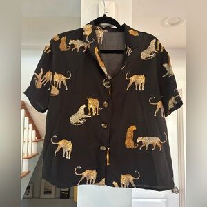 Leopard Print Button Down Shirt - Black